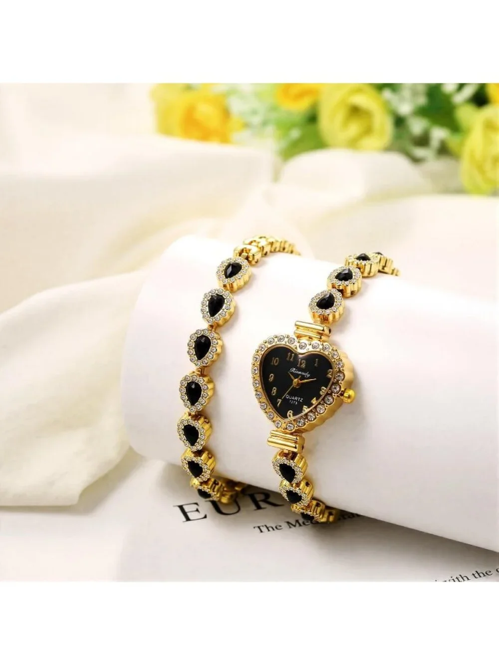 Women's Black Heart Dial Bracelet Set Birthstone Crystal Quartz Display Watches